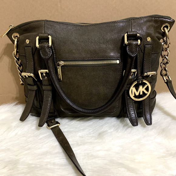 MICHAEL KORS Dark Olive Green Leather Belted Trim MCGRAW Slim Satchel w/Strap - Picture 3 of 16